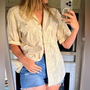 Lizwear | Ivory/Gold Metallic Shimmer Button Up Blouse | Size M